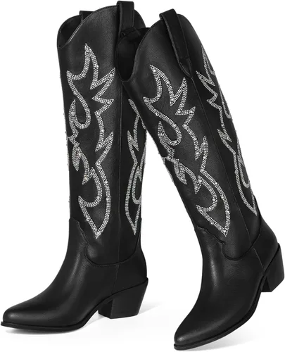 Miniatura 2 de Ouepiano Botas vaqueras para mujer, botas de vaquera con diamantes de imitación brillantes, punta de almendra, tacón bajo, meter, Westerm, a