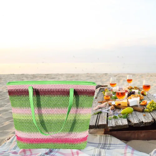 Miniatura 60 de Bolso grande de paja para mujer, tejido de ratán, bolso de playa de verano, a rayas