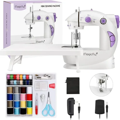 Magicfly Mini máquina de coser con mesa de extensión, máquina de coser portátil de doble velocidad para principiantes con luz, kit de costura para