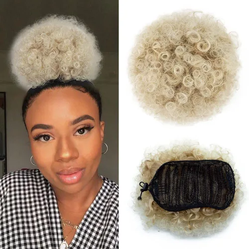 Miniatura 12 de Yinmei Baibian Extensiones de Cabello Sintéticas de Moño con Cordón Afro Rizado Crespo Degradado Marrón Tamaño Grande Peinado Recogido para Mujeres