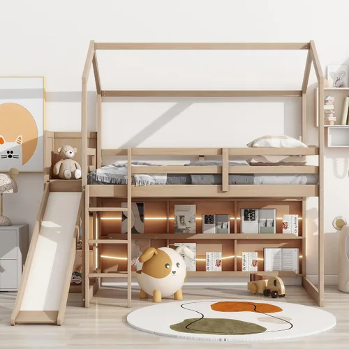 Miniatura 10 de Harper & Bright Designs Cama alta de tamaño matrimonial con tobogán, cama alta de madera, marco de cama tipo loft con techo y barandilla, cama alta