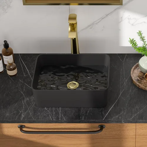 Miniatura 4 de Fregadero de baño rectangular negro de 16 pulgadas de ancho x 12 pulgadas de profundidad, fregaderos de cerámica para baño, lavabo moderno