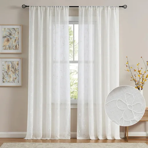 Miniatura 2 de Vision Home Cortinas con textura de lino transparente floral de 84 pulgadas, paneles de ventana bordadas con estampado de hojas para sala de estar