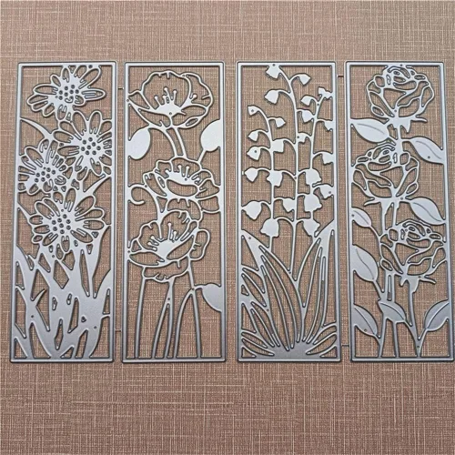 Miniatura 4 de 4 piezas de plantillas de fondo con forma de flor, plantillas de recorte de metal 3D, plantillas de flores rectangulares, hojas en relieve