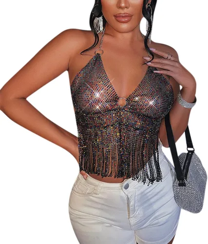 Miniatura 5 de Camiseta corta sin espalda con diamantes de imitación brillantes para mujer, sexy, halter, transparente, para salir por la noche, fiesta, club