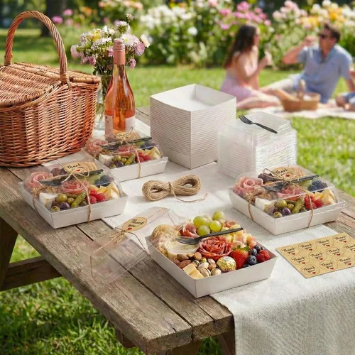 Miniatura 6 de Leafiew Paquete de 50 Cajas Pequeñas de Charcutería con Tapas Transparentes y Tenedores – Mini Caja de Charcutería de Papel Para Llevar, Blanco