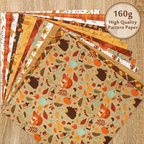 Miniatura 5 de Whaline 24 piezas de papel de otoño con patrón de Acción de Gracias, hojas de otoño coloridas a cuadros de calabaza a cuadros de doble cara, papel