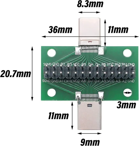 Miniatura 4 de 2 unids USB 3.1 Tipo-C macho a hembra placa de prueba con placa PCB 24 pines 0.100 in enchufe de doble cara con conector de cabeza de pin