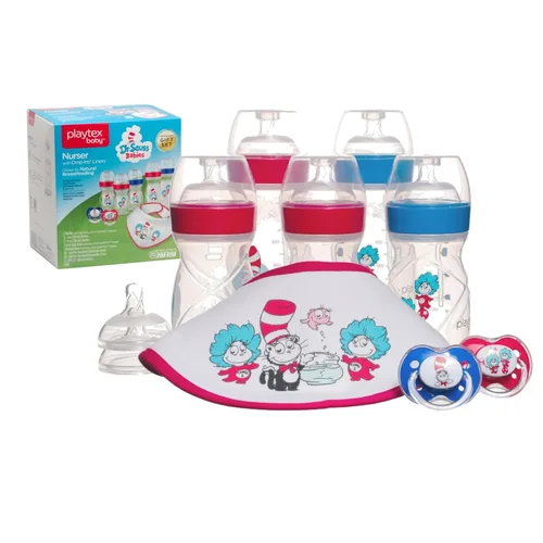 Miniatura 9 de Set de regalo Playtex Baby Dr. Seuss para recién nacidos con 5 biberones (3X 4Oz, 2X 8Oz), 2 chupetes Binky, 60 forros desechables y babero, Set