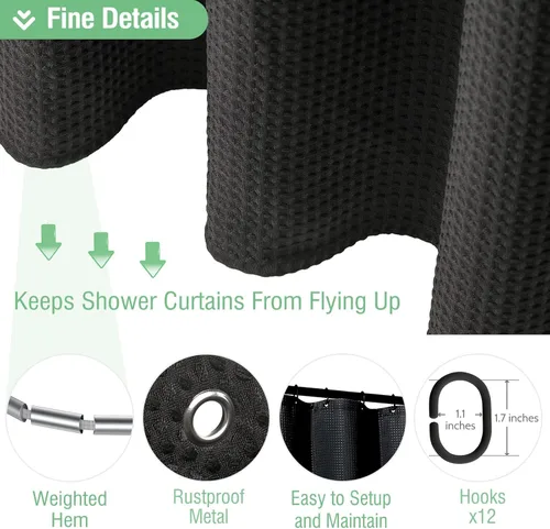 Miniatura 5 de Dynamene Cortina de ducha larga de tela negra – Cortinas de ducha de tela alta y resistente con textura de gofre, juego de cortina de baño de lujo