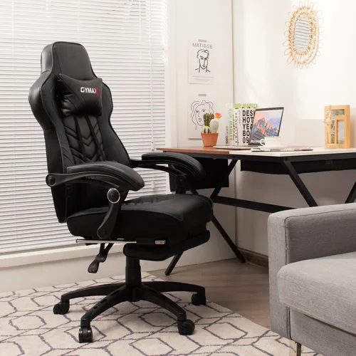 Miniatura 8 de POWERSTONE Silla de videojuegos con reposapiés y soporte lumbar, estilo carreras, piel sintética, ergonómica, ajustable, giratoria, color negro
