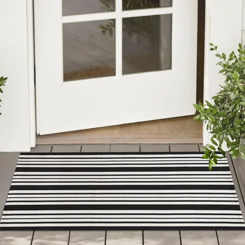 KOZYFLY Felpudo a rayas blancas y negras de 2 x 3 pies, alfombra pequeña de área de algodón para porche delantero, alfombra lavable para exteriores,