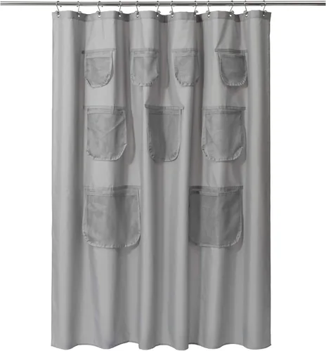 Mrs Awesome Cortina de Ducha de Tela Gris o Forro con 9 Bolsillos de Malla, 72 x 72 pulgadas, Impermeable, Lavable y con Ojales Resistentes al