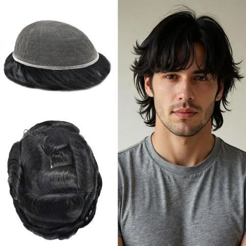 Miniatura 96 de PUNRU HAIR Completo Swiss Lace Toupee para hombres Sistema de cabello humano real Sistema de reemplazo de cabello humano para hombre Toupee