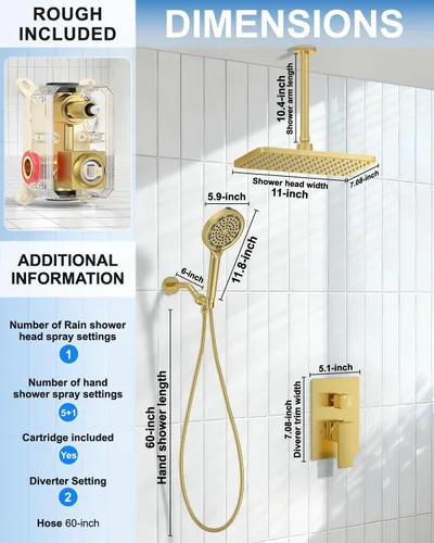 Miniatura 2 de 11" Brushed Gold Rainfall Shower System – Complete Spa Faucet Set with Filtered Handheld Sprayer & Mixer Valve – Modern High Pressure Bathroom