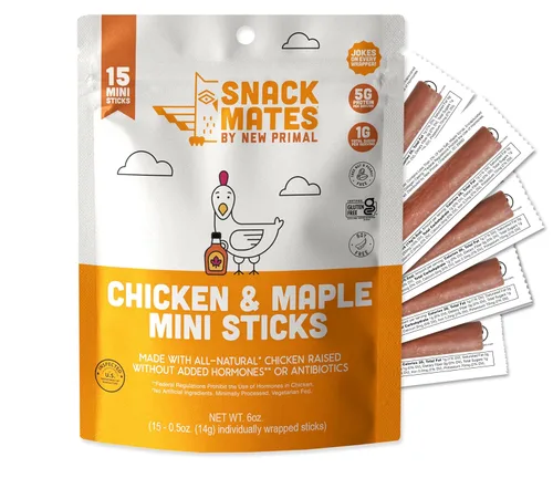 The New Primal Snack Mates - Palitos de pollo y arce, aperitivos saludables sin gluten para niños, aperitivos bajos en azúcar y alto en proteínas