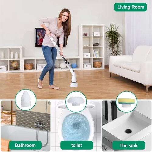 Miniatura 9 de Cepillo de limpieza eléctrico giratorio inalámbrico con mango largo desmontable ajustable y 4 cabezales de cepillo reemplazables, suministros
