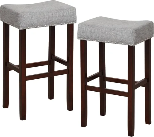 Miniatura 11 de COSTWAY Juego de 2 taburetes de madera sin respaldo de 29.5 pulgadas con borde de cabeza de clavo, marco de madera de goma, reposapiés, carga máxima