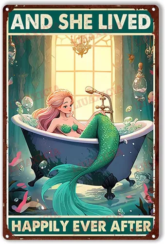 Miniatura 10 de LIUAXICIA Letrero de lata retro con diseño de sirena y ella vivió feliz para siempre, para decoración del hogar, 8 x 12 pulgadas, pintura de lata