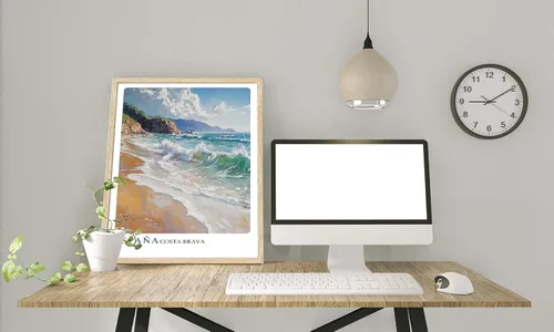 Miniatura 4 de Sea - Arte de pared abstracto con marco de playa de madera de roble, arte de pared de 8 x 10 pulgadas, póster retro español de ciudad, impresión