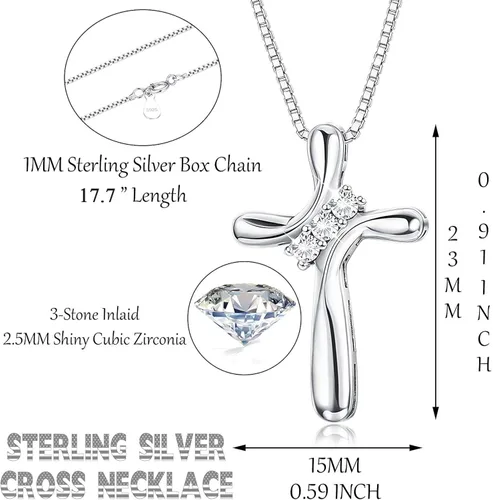 Miniatura 2 de FUNRUN JEWELRY Collar con colgante de cruz de plata de ley 925 para mujer colgante de circonita cúbica de 3 piedras con cadena de caja de 0039in 177