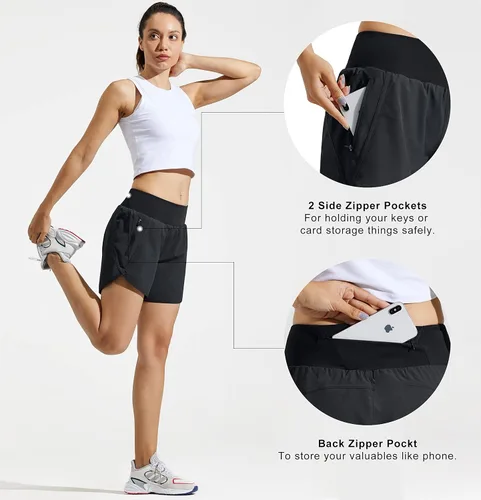 Miniatura 3 de MASKERT Womens 5 Inches Athletic Running Shorts with Zipper Pockets Quick Dry Lounge Gym Workout Shorts with Liner