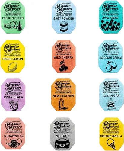 Wonder Wafers - Ambientadores de coche variados, paquete de 12 ambientadores de coche envueltos individualmente, 12 aromas para automóvil (paquete