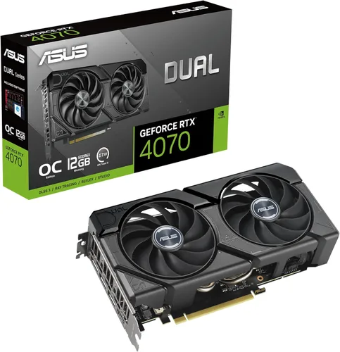 ASUS Dual GeForce RTX™ 4070 EVO OC Edition 12GB GDDR6X está diseñada para amplia compatibilidad, con un diseño de 2.5 ranuras, diseño de ventilador