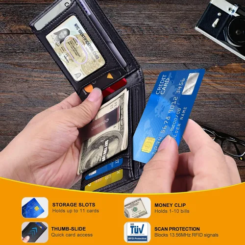 Miniatura 2 de COANJIUO Billetera para hombre delgada y plegable con bloqueo RFID, billetera minimalista con bolsillo frontal con 8 ranuras para tarjetas (negro)