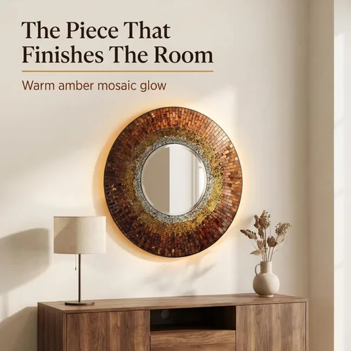 Miniatura 4 de Lulu Decor, Espejo de pared de mosaico de ámbar báltico, espejo redondo biselado decorativo hecho a mano de 23.50 pulgadas (LP301)