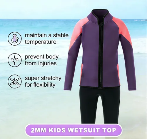 Miniatura 2 de Trajes de neopreno para niños, 0.118 in, de manga larga, con cremallera frontal, para niños y niñas, para mantener el calor en deportes acuáticos