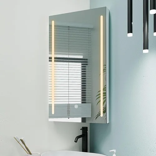 Espejo de esquina para botiquín con luces, botiquín iluminado con espejo, gabinete de espejo LED para baño, gabinete de pared de esquina pequeño de