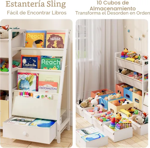 Miniatura 4 de HAVLOTII Organizador de almacenamiento de juguetes, estantería para niños y almacenamiento de juguetes con 3 estantes para libros y 10 contenedores