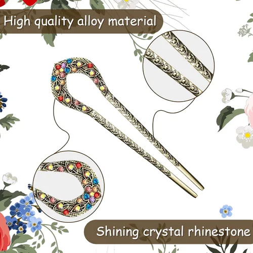 Miniatura 4 de Waydress 5 horquillas de pelo vintage para moños, pinzas de metal para moños, palillos de cristal con diamantes de imitación de doble punta, pasador