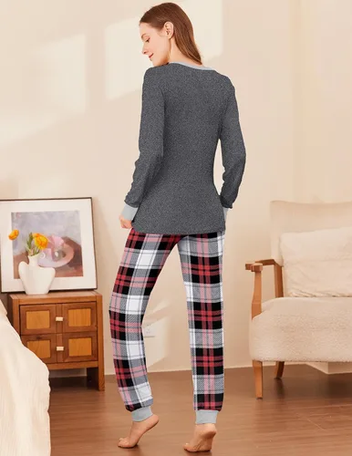 Miniatura 148 de Ekouaer Conjunto de pijama de manga larga para mujer, ropa de dormir suave con cuello redondo y bolsillos