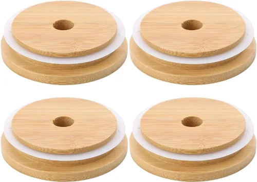 Paquete de 4 tapas de frasco mason de bambú de boca ancha de 86mm con agujero para pajita, tapas de bambú reutilizables a prueba de fugas para