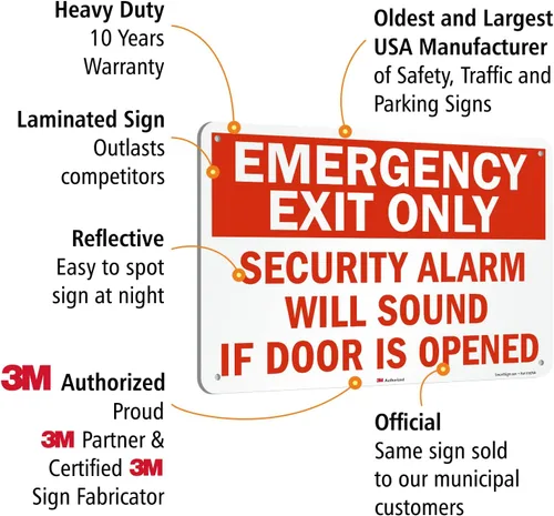 Miniatura 4 de SmartSign Letrero de metal con texto en inglés «Emergency Exit Only – Security Alarm Will Sound If Door Is Opened», aluminio de 63 mil