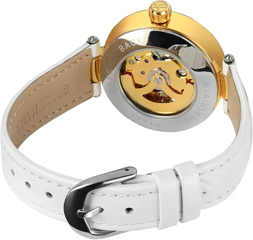 Miniatura 7 de Reloj de pulsera para mujer, analógico, números romanos esqueleto cristal automático automático automático reloj de cuero mecánico