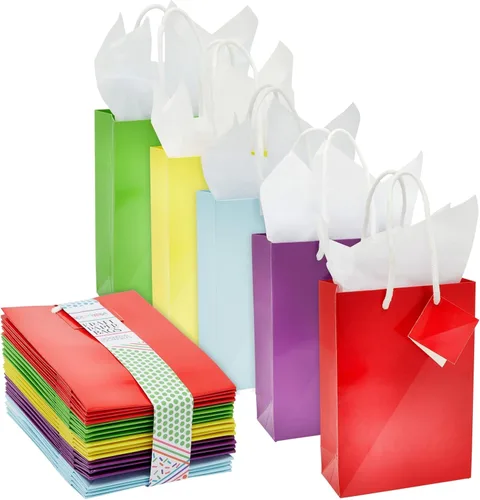 BLUE PANDA Paquete de 20 bolsas de regalo pequeñas de papel con asas, bolsas de regalo de 5.5 x 2.5 x 7.9 pulgadas con 20 hojas de papel de seda