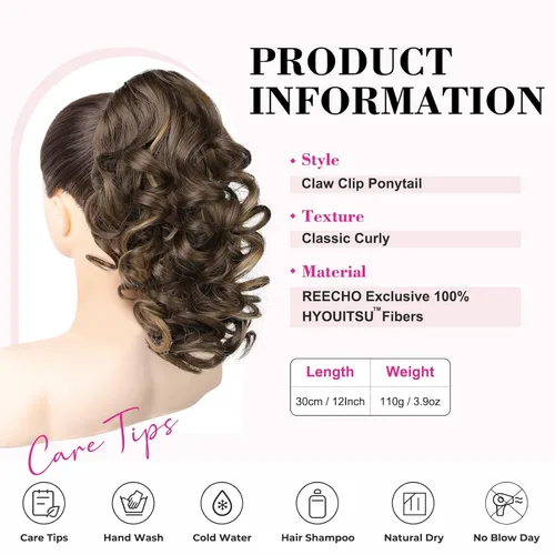 Miniatura 2 de REECHO Extensión de Cola de Caballo de 12", Clásica Suelta Rizada Ondulada con Clip de Garra, Extensiones de Cabello de Colas de Caballo para Mujer