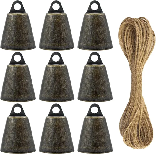 9 cascabeles de bronce vintage (1.46 x 1 pulgadas), cascabeles para manualidades, campanas de vaca en cuerda de yute, campanas de Navidad para