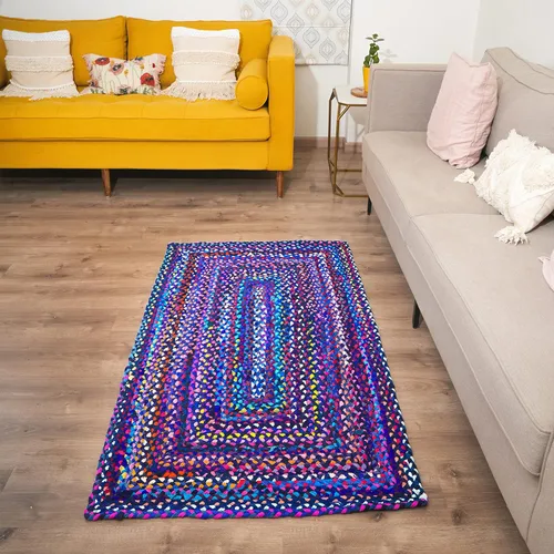 Miniatura 15 de RAJRANG Alfombra ovalada trenzada a mano de 2 x 3 pies, multicolor, bohemio, reversible, rústica, de algodón, alfombra Chindi geométrica