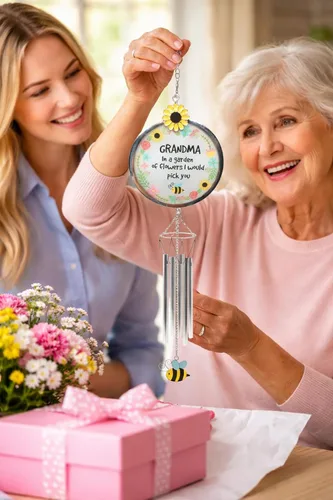Miniatura 2 de Carillón de viento para abuela – Grandmother in a Garden of Flowers I'd Pick You – Campanilla de viento floral de abeja de girasol – Regalo colgante