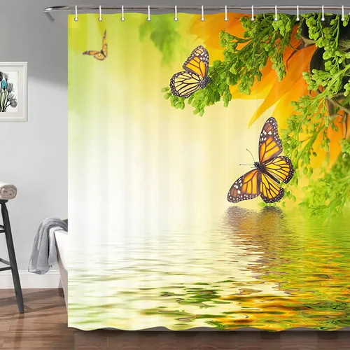 Miniatura 3 de Cortina de ducha de mariposa amarilla, plantas naturales de primavera, floral y fantasía, lago de hadas zen, 72 x 72 pulgadas, juego de decoración