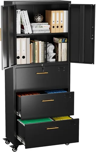 Miniatura 9 de METAN - Archivador de metal con 3 cajones y 1 estante, archivador de oficina con ruedas y cerradura, almacenamiento de oficina para tamaño Negro
