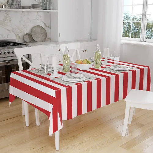 Miniatura 4 de peony man Mantel de plástico a rayas rojas y blancas, mantel rectangular impermeable para carnaval y circo, para decoración de días festivos