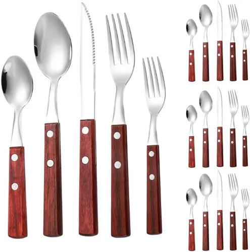 Juego de 20 cubiertos de acero inoxidable con mango de madera maciza para 4 personas, cuchillo para carne, cuchara de postre (oscuro)
