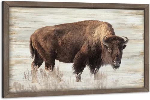 Arte de pared enmarcado de bisonte americano, imagen rústica de vida silvestre, animales pintados, impresiones de búfalo, ilustraciones de madera de