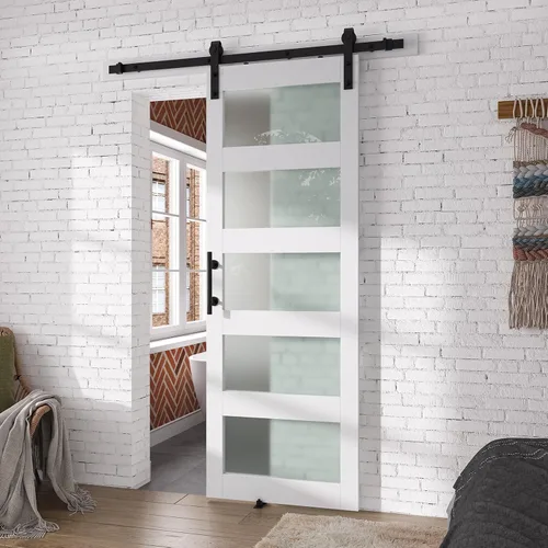 Miniatura 8 de SMARTSTANDARD Puerta de granero de vidrio de 36 x 84 pulgadas con kit de herramientas de 6.6 pies incluido, vidrio de 5 paneles, requiere montaje