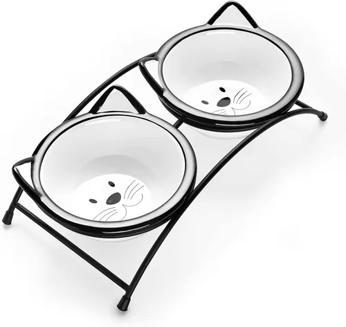 Y YHY Cuencos de comida para gatos, cuencos elevados de 12 onzas para comida y agua, platos elevados de cerámica para mascotas con soporte, gatos y